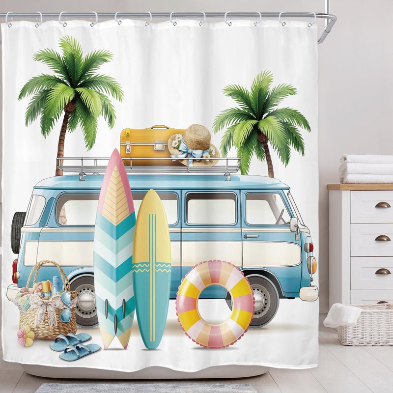 Riyidecor Beach Surf RV Fabric Shower Curtain Set for Bathroom Decor 72Wx72H Inch Coastal Theme Bath Accessories for Men Boys Tropical Palm Trees Pattern Camping Car Bathtub 12 Pack Plastic Hooks - Image 2